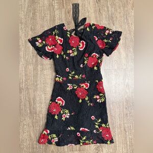 NWT Olivaceous Babydoll Floral Embroidered Lace Short Dress Open Back XS